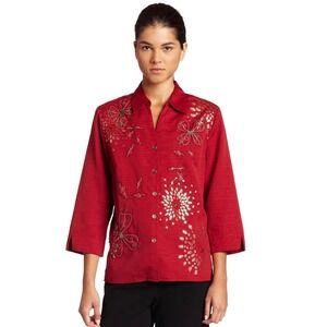 Alfred Dunner Women size 16 red Embroidered Floral 3/4 Sleeve Button Front Shirt